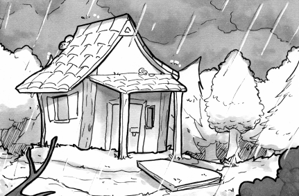 A preview image of a little cottage in the rain, surrounded by trees.
