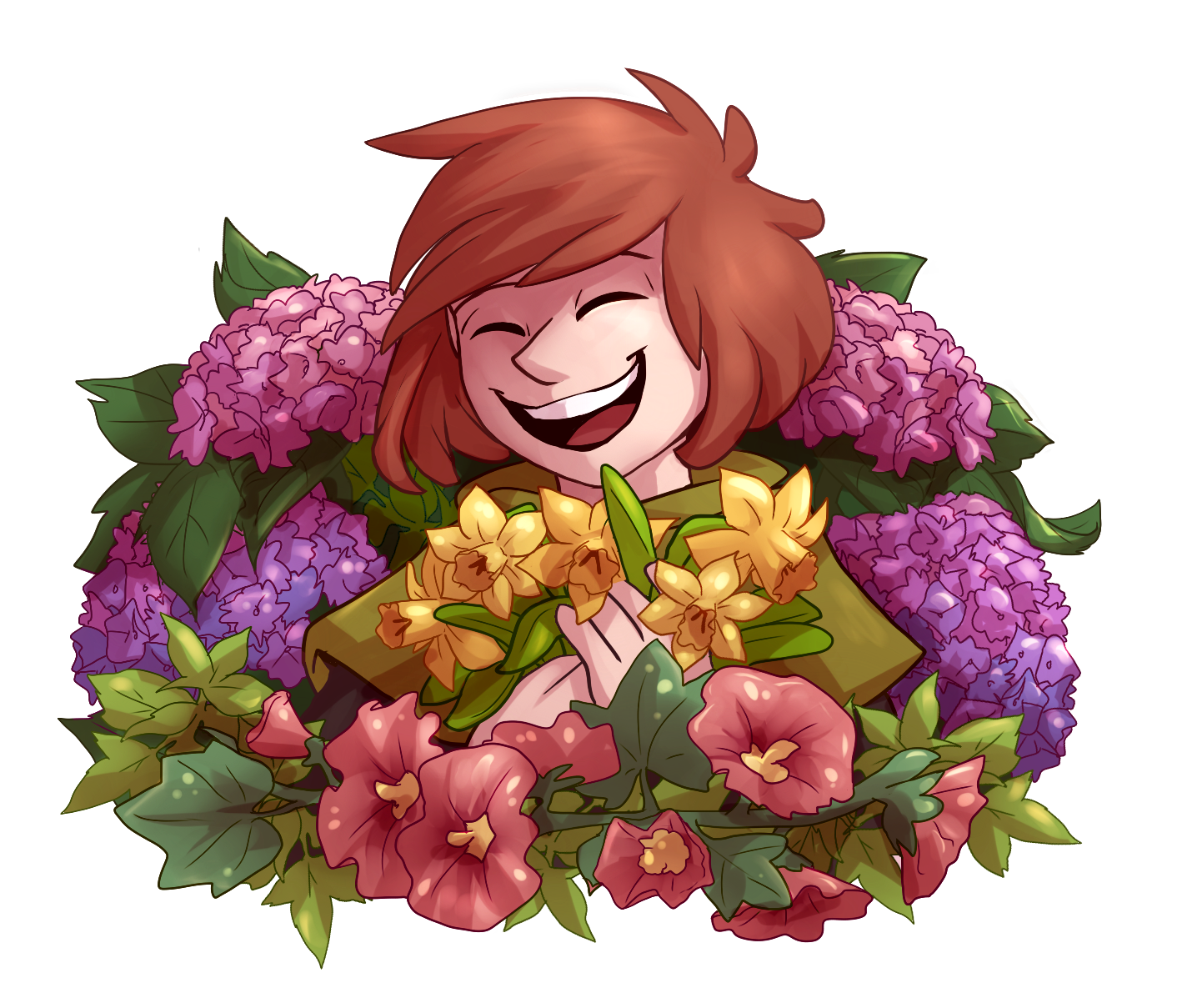 Erisa is surrounded by colourful flowers and smiling brightly.