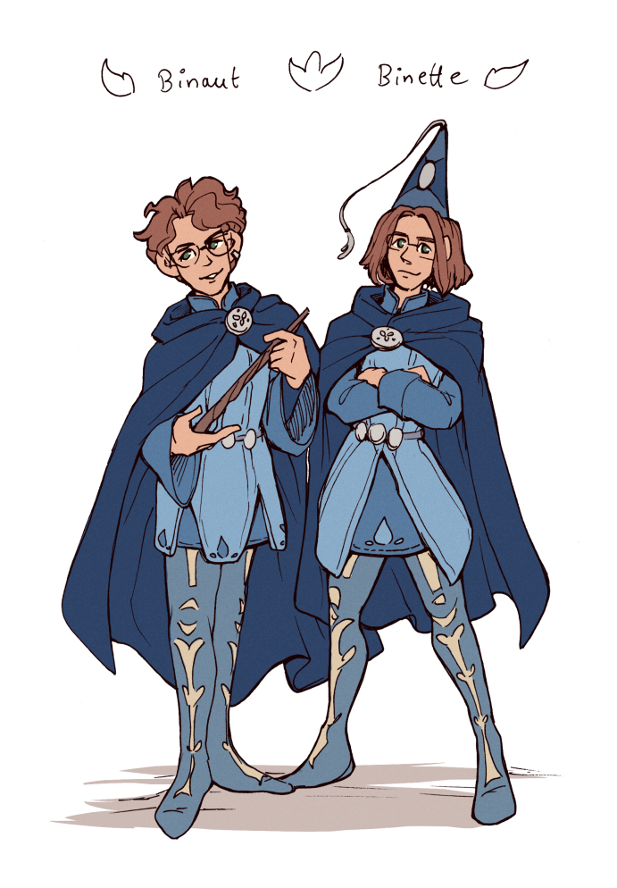 Two halflings, a man and a woman, with brown hair and elaborate wizard gowns. Their expressions are lively, clever smiles.