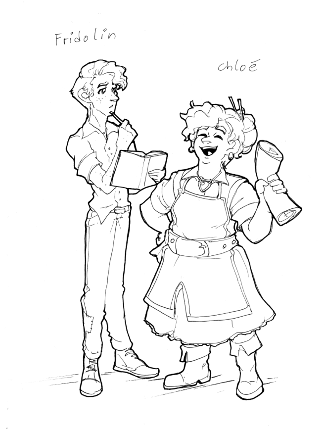 Characters labeled Fridolin and Chloe. The first is a lanky young man with freckles holding a clipboard, the other is a dwarven lady with a hearty laugh.