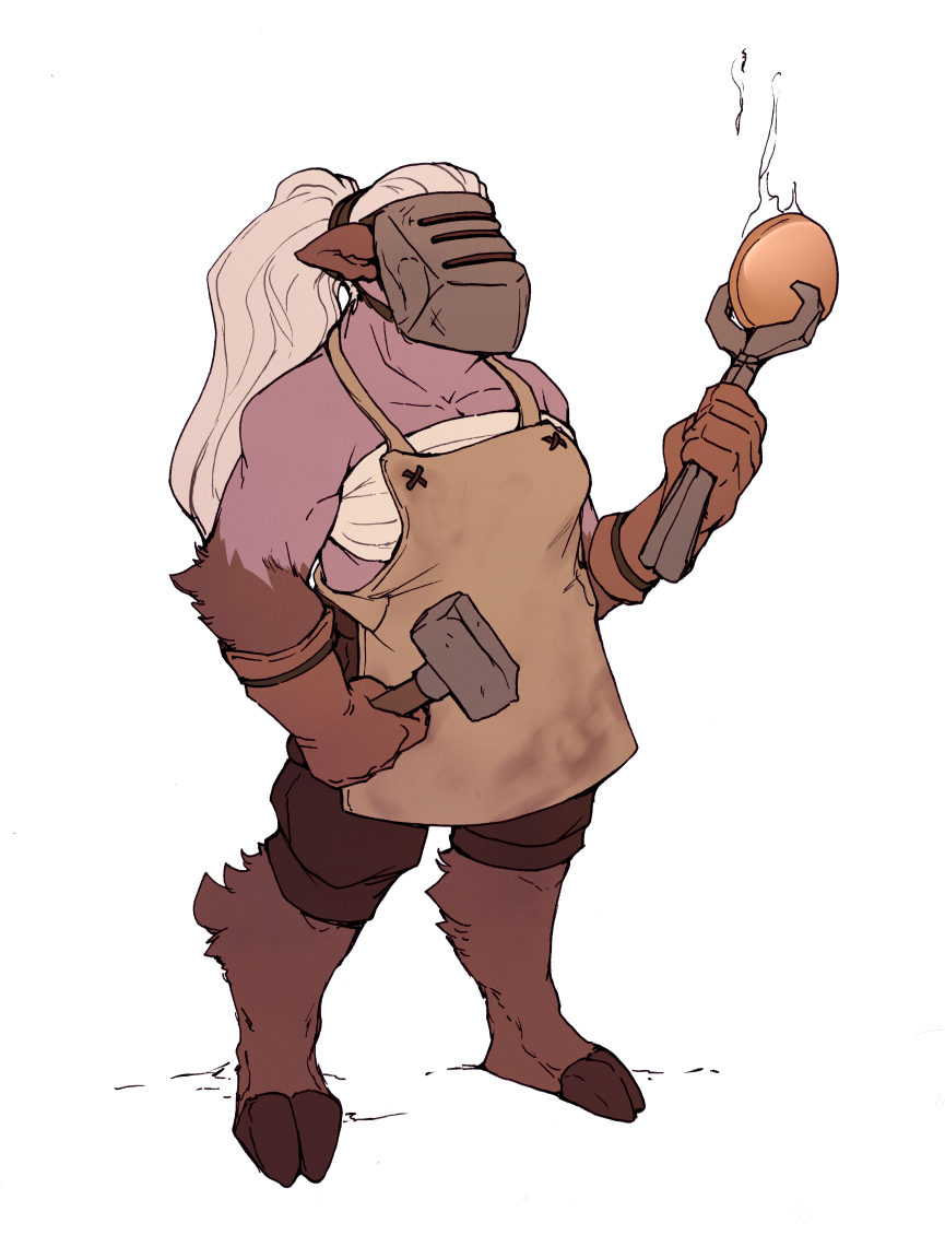 A sturdy woman with a metal face mask, wearing a leather apron, working on something from a forge. Her legs are boar-like and furry.