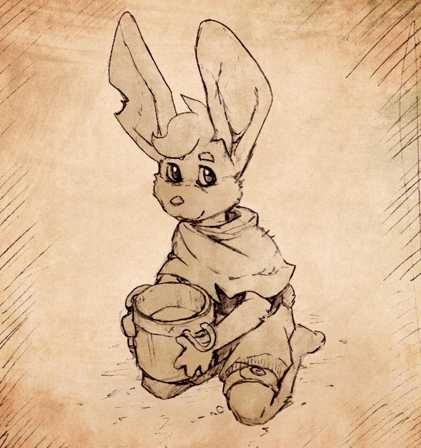 A kid that looks like an anthropomorphic bunny, dressed in rags and holding a bucket as he kneels on the floor. He gives a shy smile.