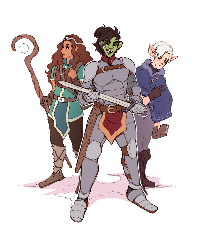 A human druid with a big backpack, an orc lady knight and a wizard with white hair and pointy ears.