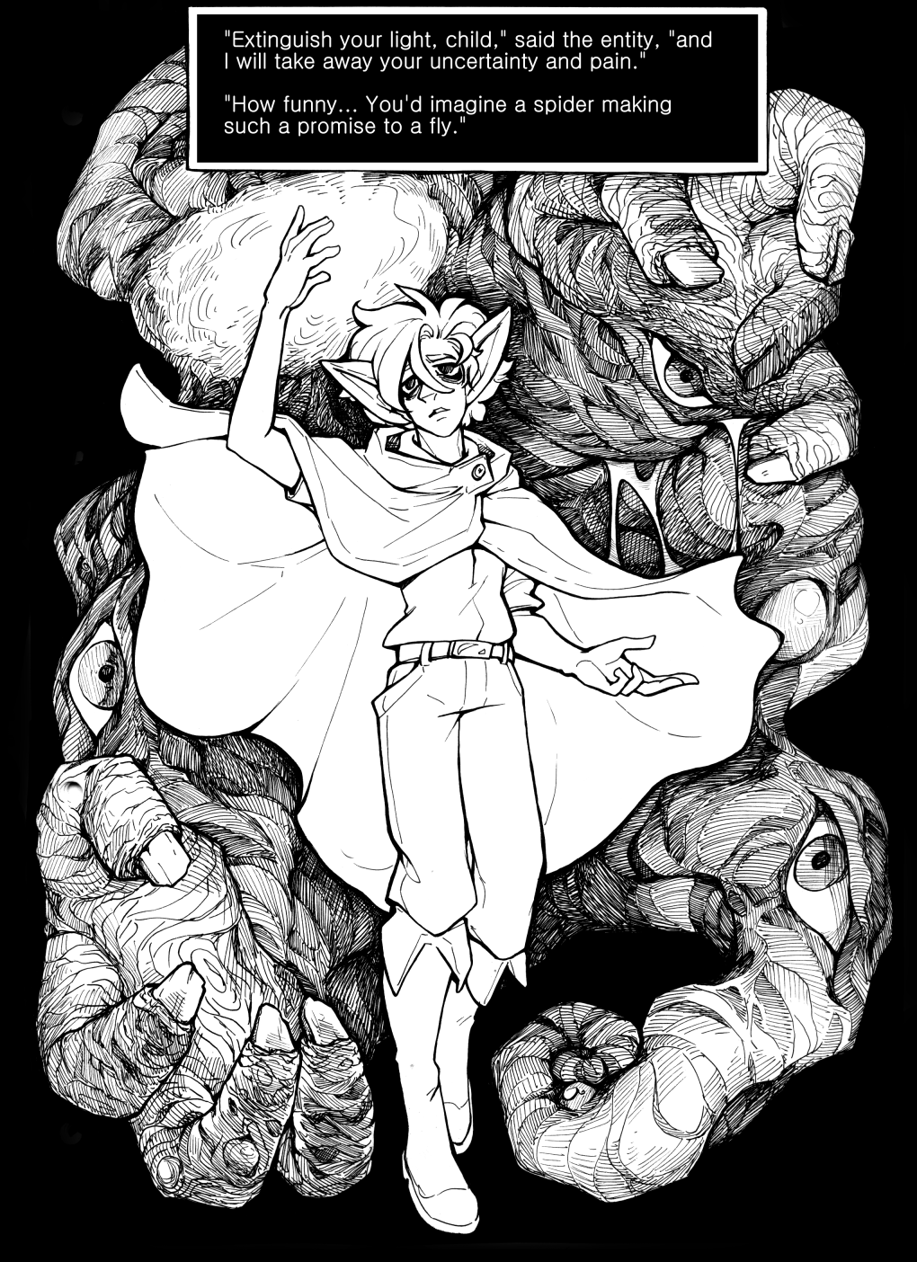 The wizard boy with the white hair is treading through darkness, holding on to his Light spell. A creature of giant hands and twisted tentacles is looming behind him.