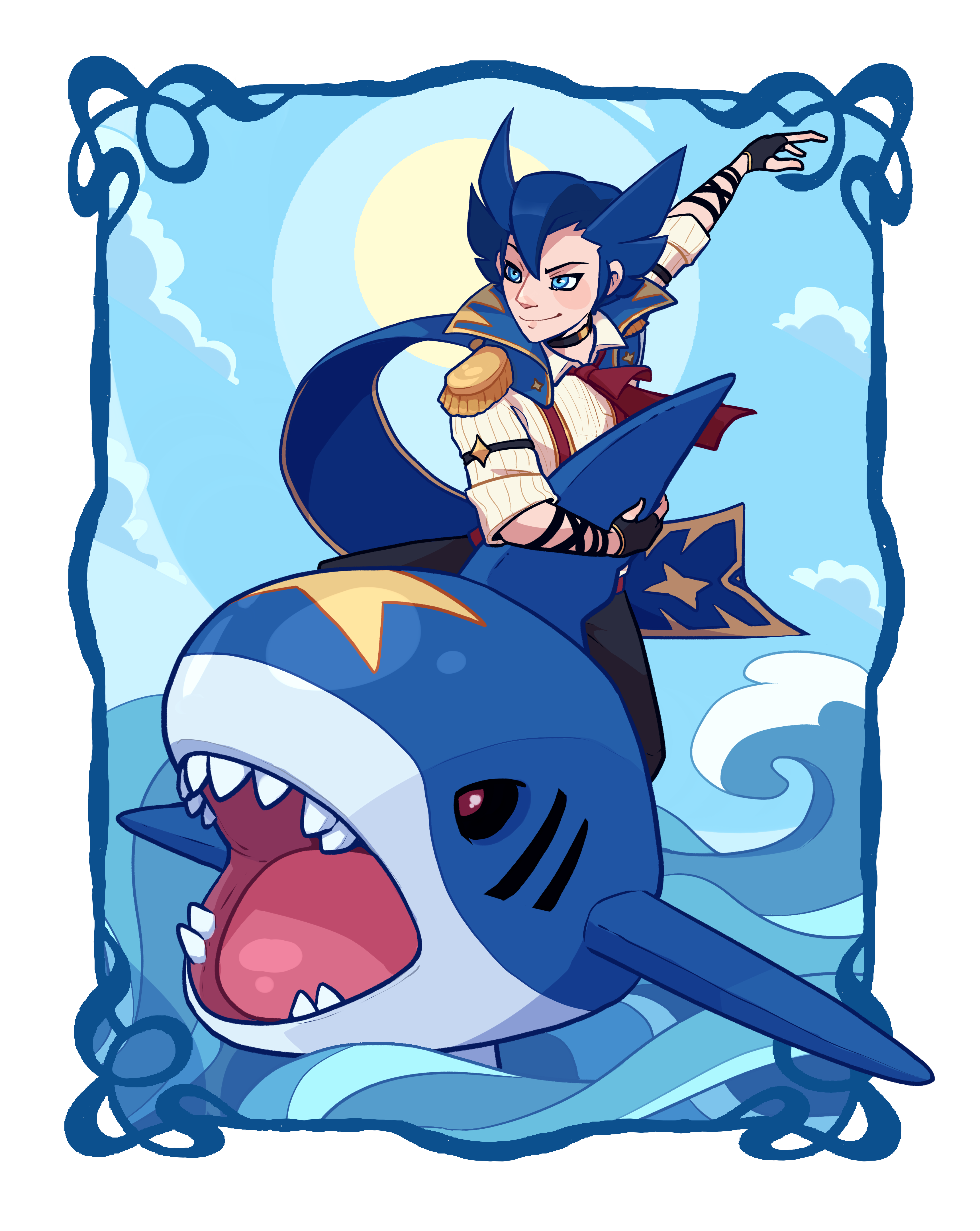 The trainer Grimsley is surfing across the waves on his trusty Pokemon, a Sharpedo.