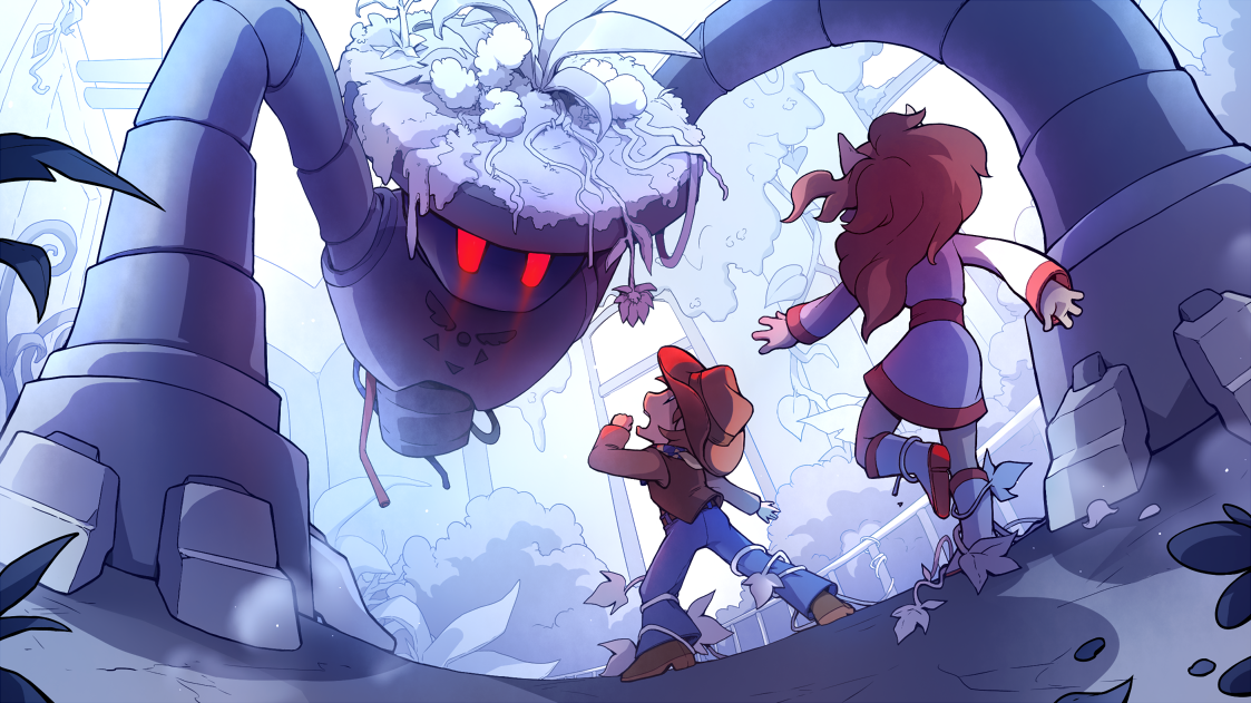 In a lab overgrown with white flowers, a massive robot is towering over a kid and their lady companion.