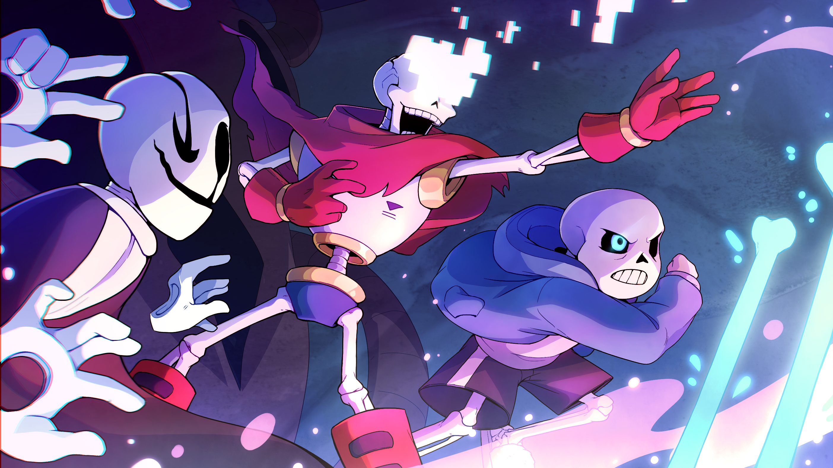 Sans, Gaster and Papyrus in his lost soul form are battling together.