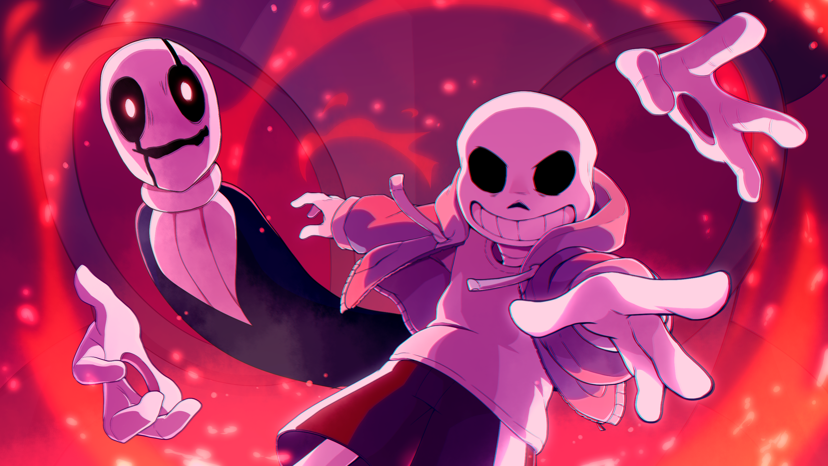 Sans and Gaster are facing the viewer in an inferno of deep red, the Determination extractor behind them.