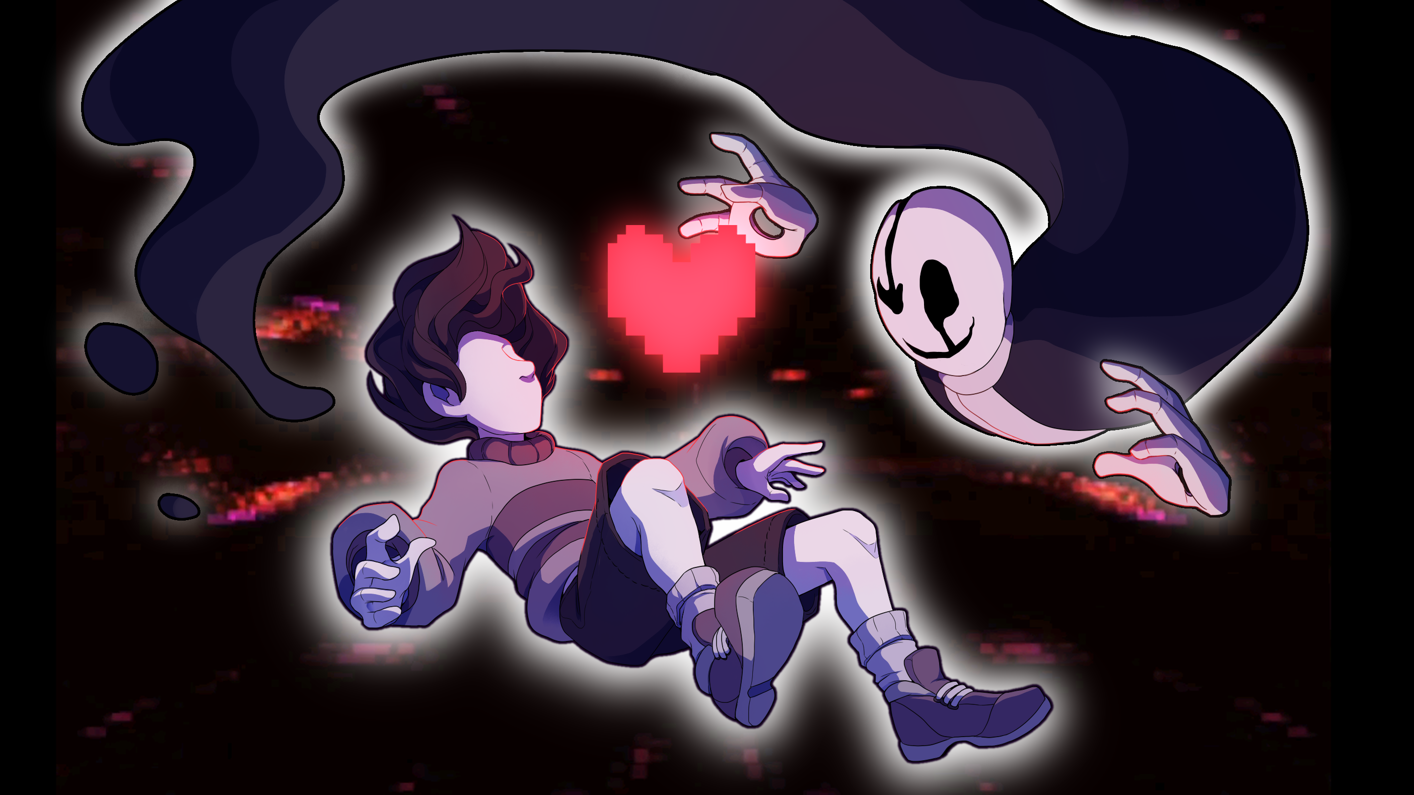 The human is hovering in a void, faceless, with Gaster reaching for their soul.