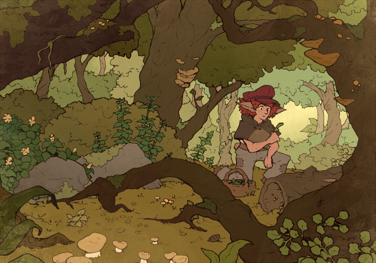 Aleth in an intricate, warm forest scenery, collecting herbs.