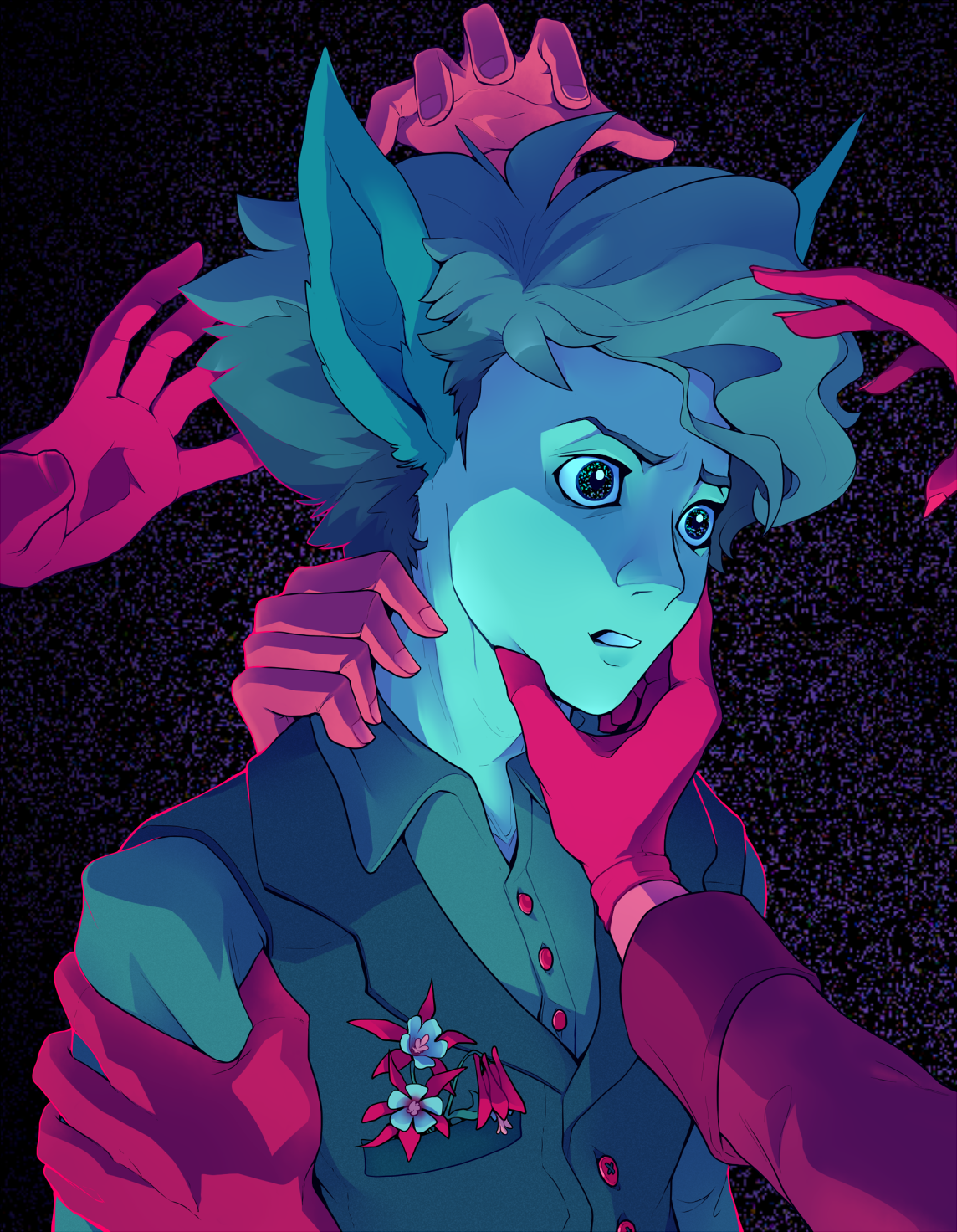 A portrait of Jasper staring blankly, multiple hands grabbing on to him from offscreen. The background is static, and red columbine flowers are tucked in his vest pocket.