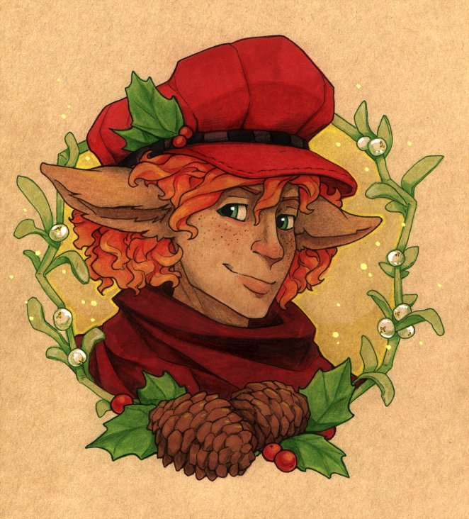A portrait of Aleth on midtone paper, surrounded by winter-seasoned plants.
