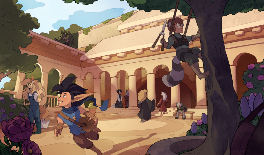The royal courtyard is bathed in sunlight as many townspeople zip about, busy with their tasks.