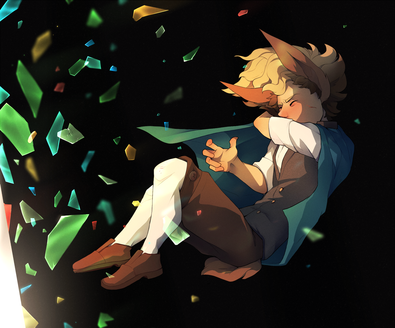 Jasper is falling through the stained glass window, as if he was pushed in from outside, glass shards flying all around.
